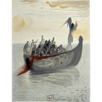 Salvador Dalí - Xilografía a color La Divina Comedia, Purgatorio canto 2: La barca de...